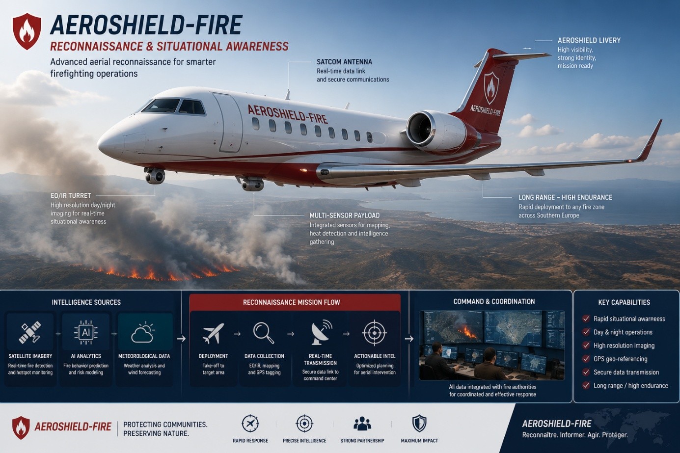 AeroShield-Fire reconnaissance and situational awareness infographic: intelligence sources, mission flow, command and coordination, key capabilities
