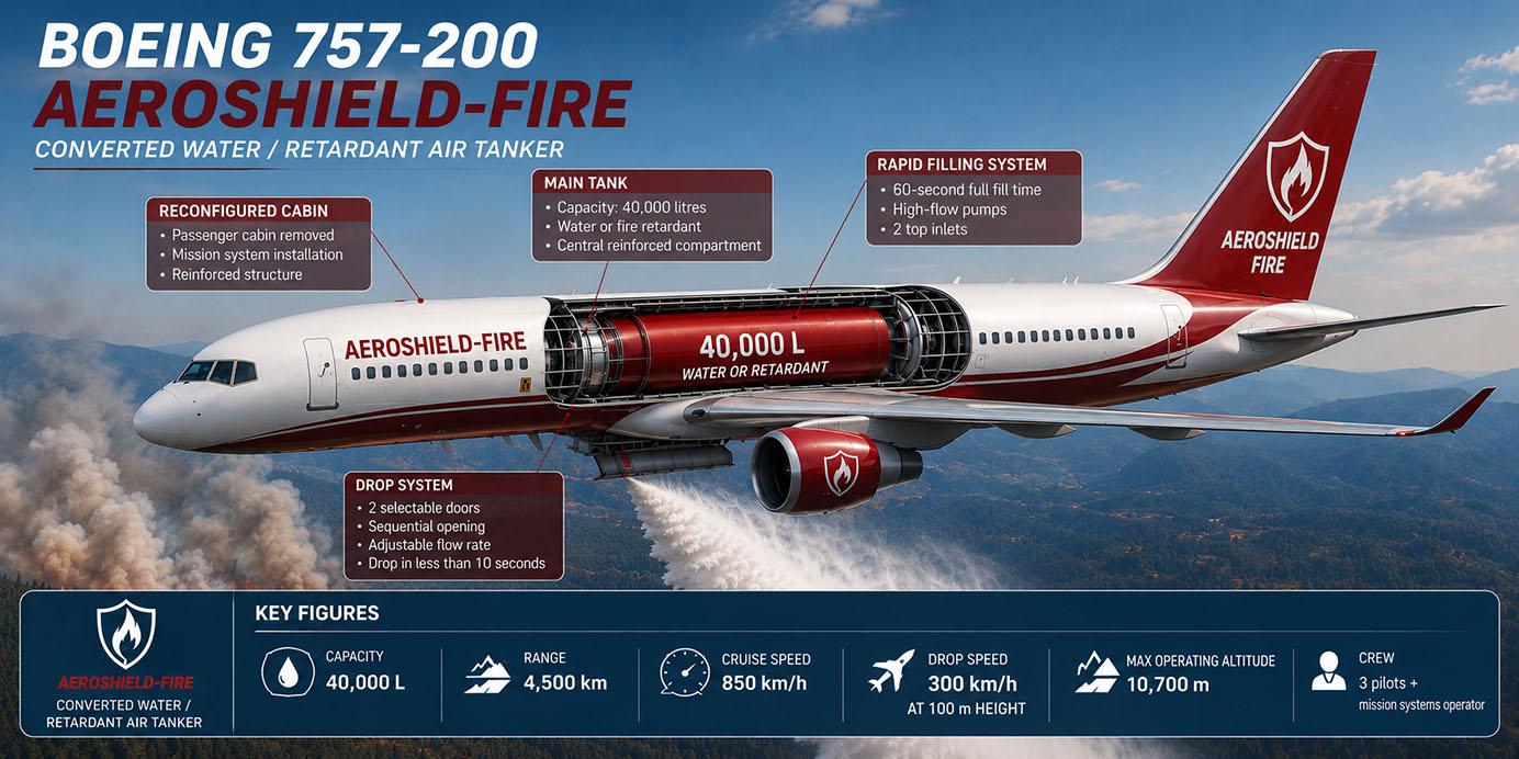 Boeing 757-200 AeroShield-Fire technical diagram: reconfigured cabin, 40,000 litre main tank, rapid filling system, drop system, key figures