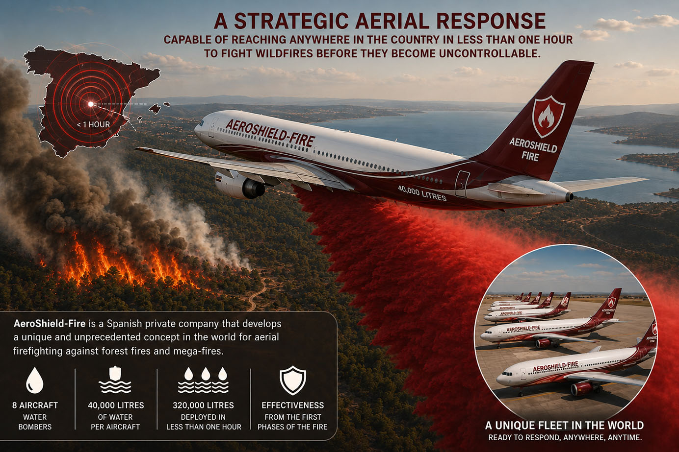 Infographic: strategic aerial response reaching any point in under one hour, fleet of 8 aircraft, 40,000 litres each, 320,000 litres deployed
